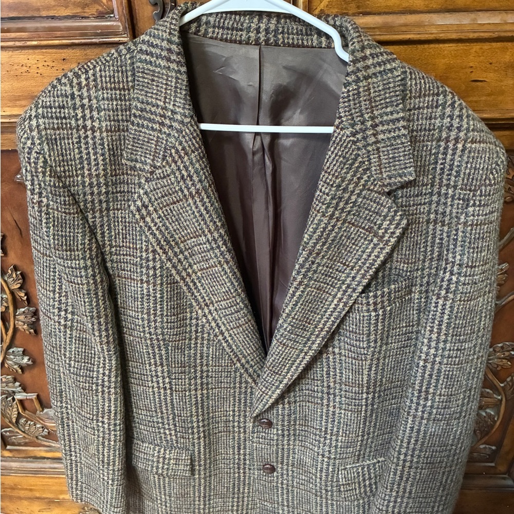 Harris Tweed 100% Scottish Wool Brown Plaid Blazer 44L Jacket Suit Coat Academia
